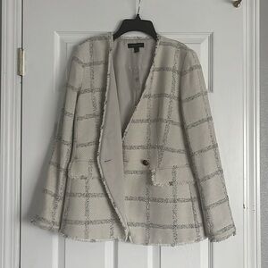 Ann Taylor blazer, striped cream and grey with fringed hems